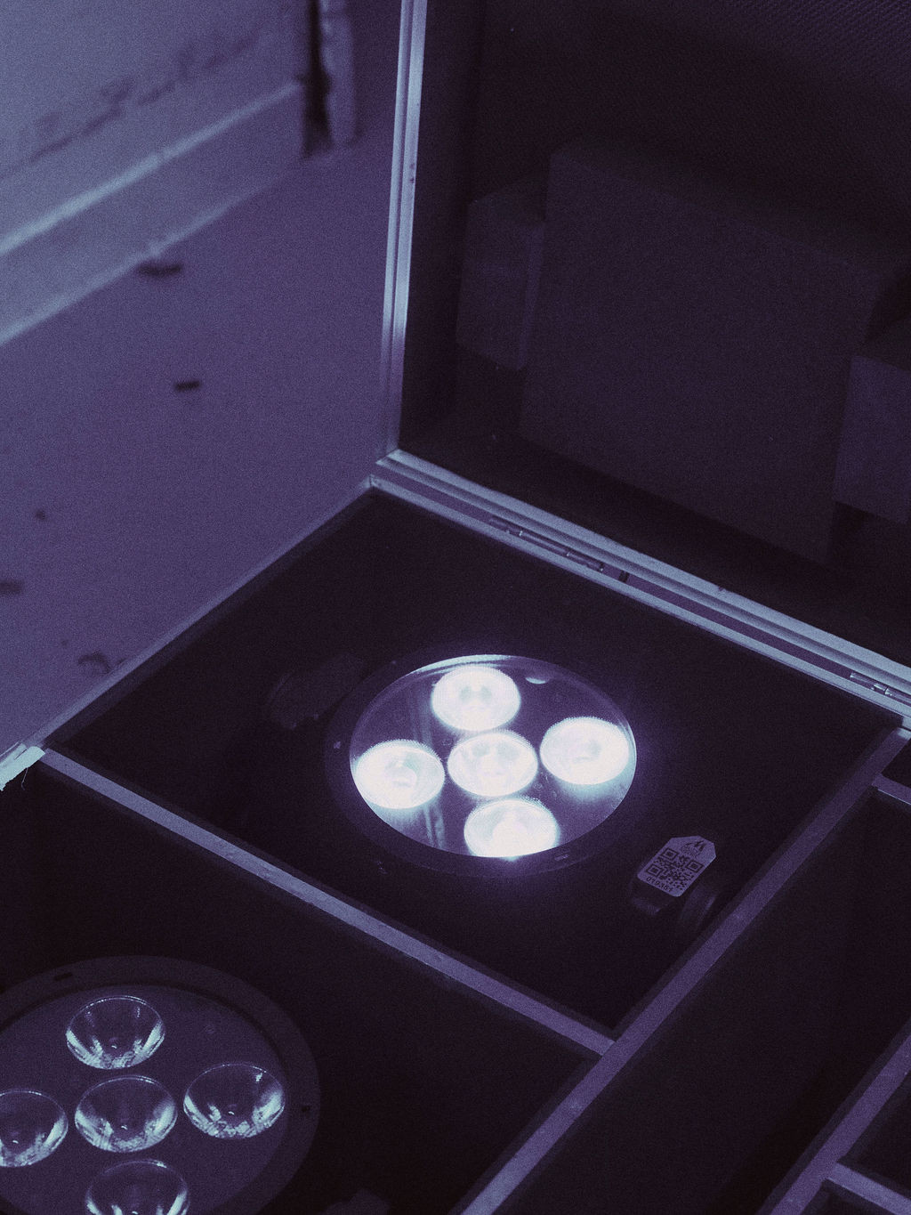 A close-up of an LED stage light