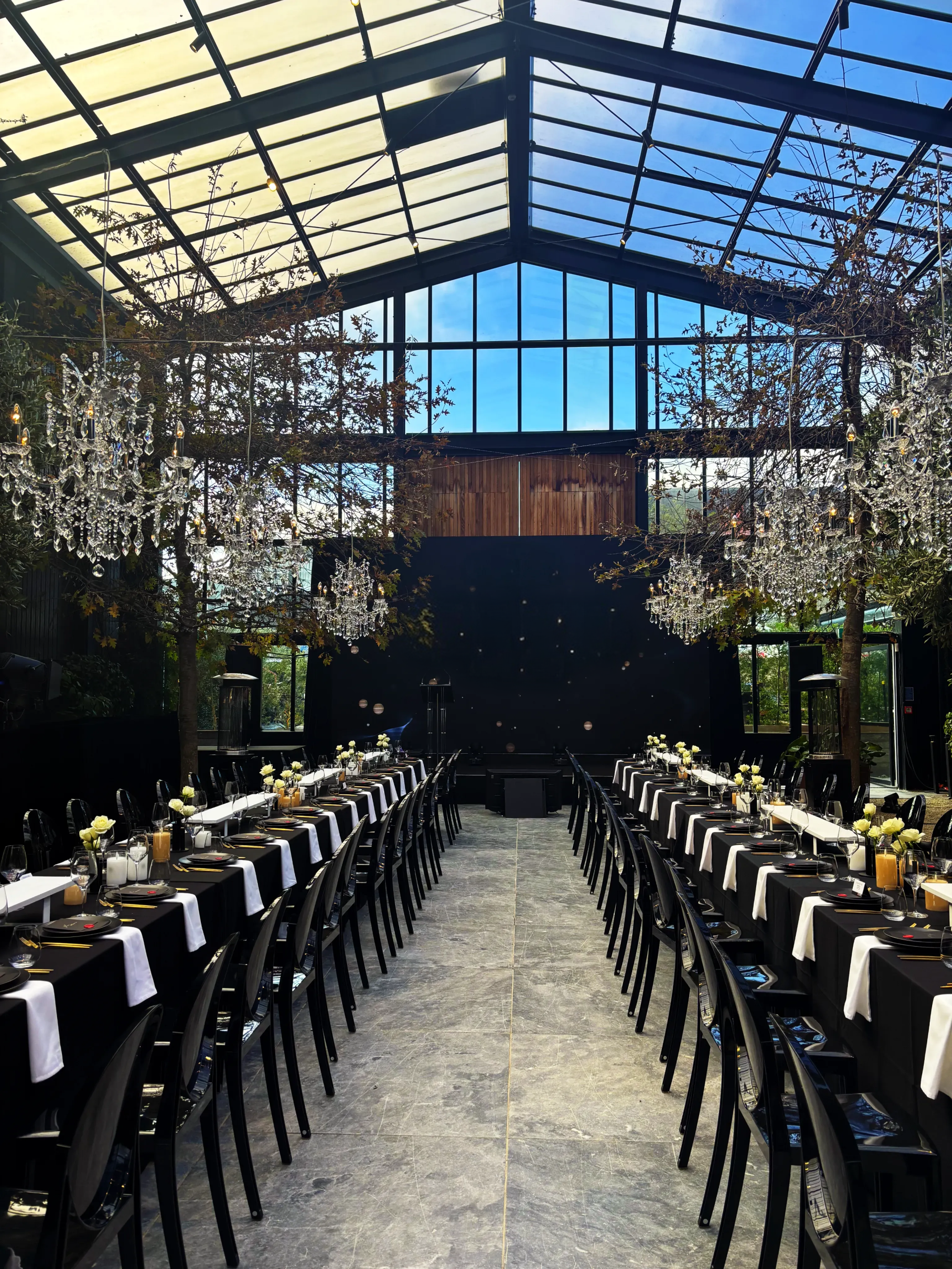 An awards dinner at the Glasshouse